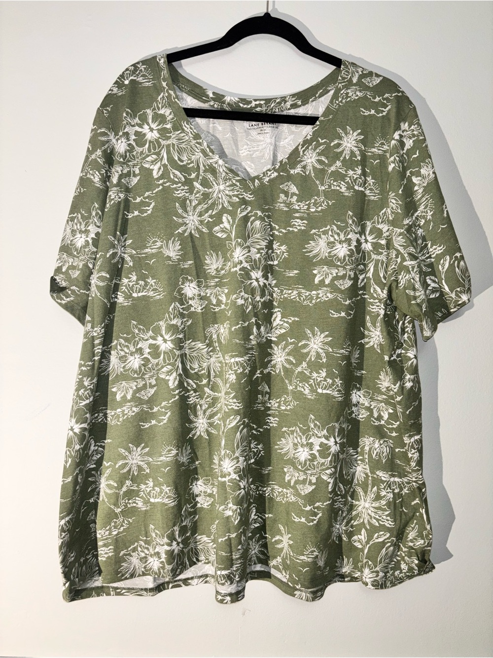 Lane Bryant Olive Green Floral V-Neck Tee
